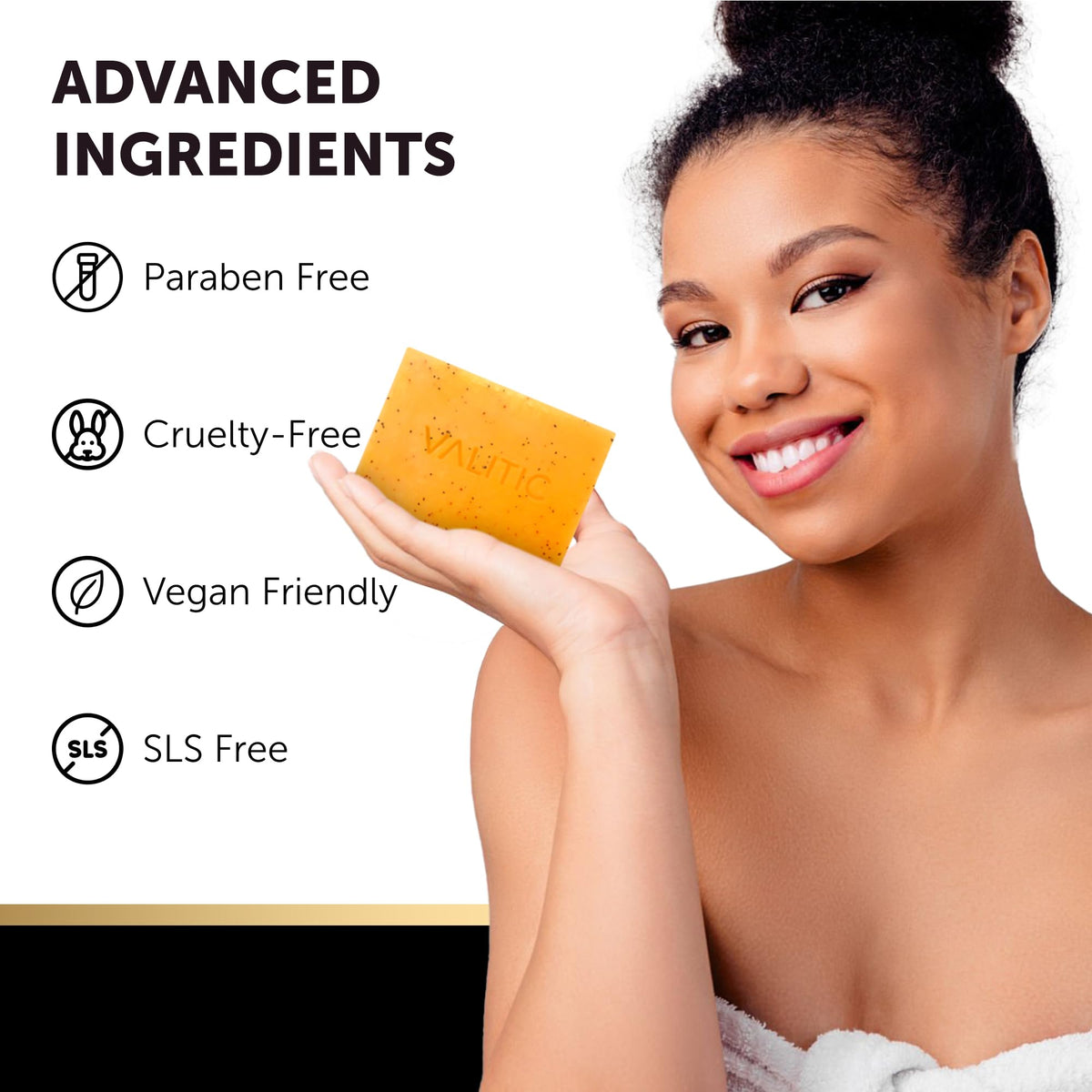 VALITIC ingredient display with kojic acid turmeric and vitamins for brightening