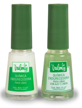Valmy front packaging showing both garlic and lemon bottles for strengthening and whitening