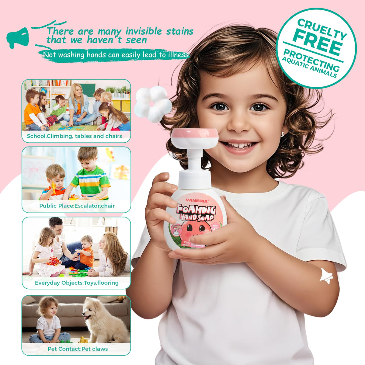 VANERIA dispenser in a child’s hand demonstrating one-press flower foam for motivation