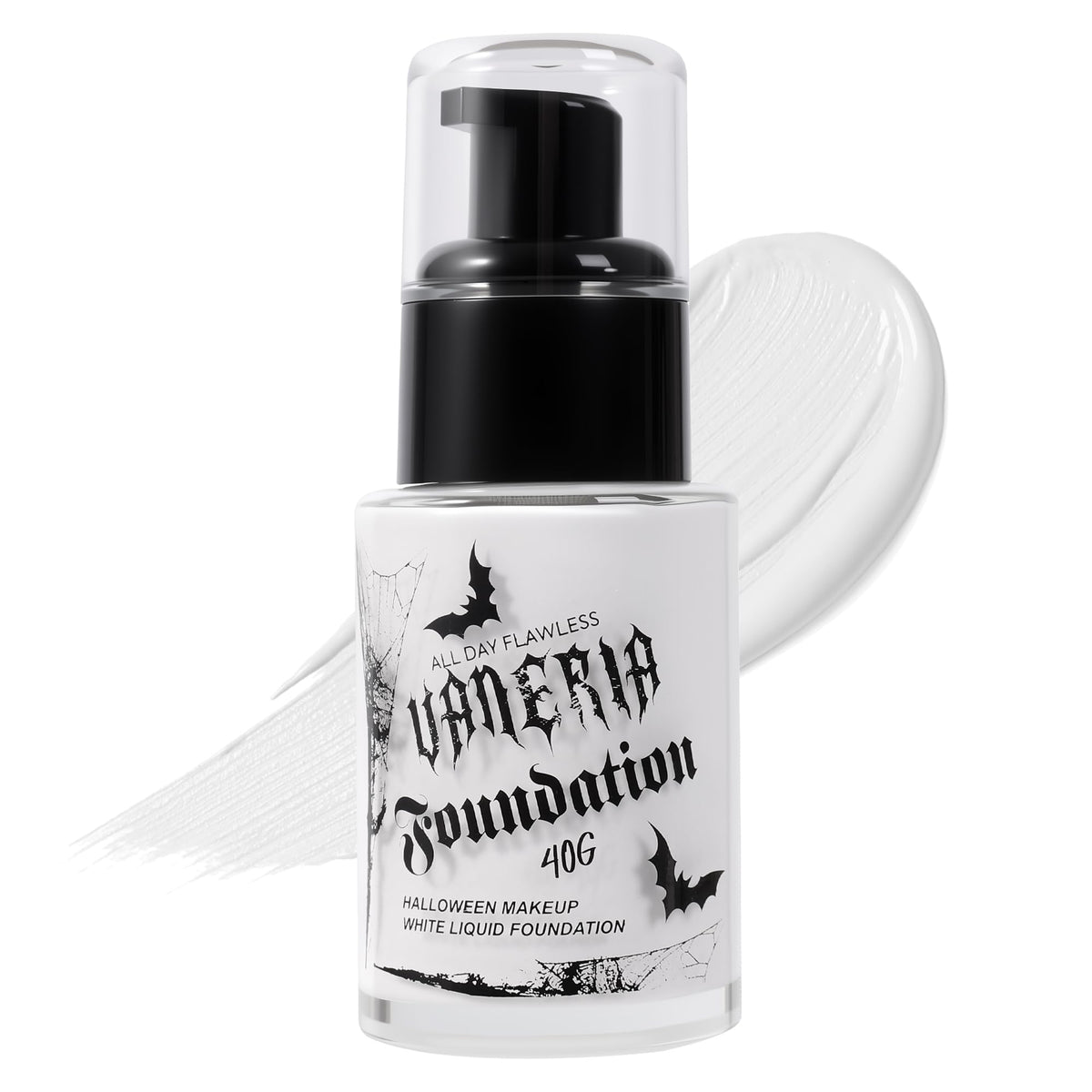 VANERIA front bottle shot showing clean white foundation and compact 30ml size benefit