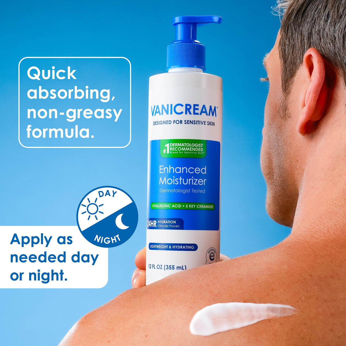 Vanicream bottle beside towel in bathroom setting conveying daily routine convenience