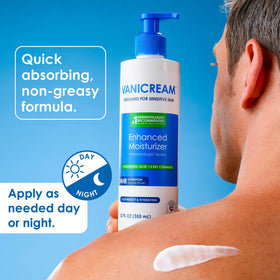 Vanicream bottle beside towel in bathroom setting conveying daily routine convenience