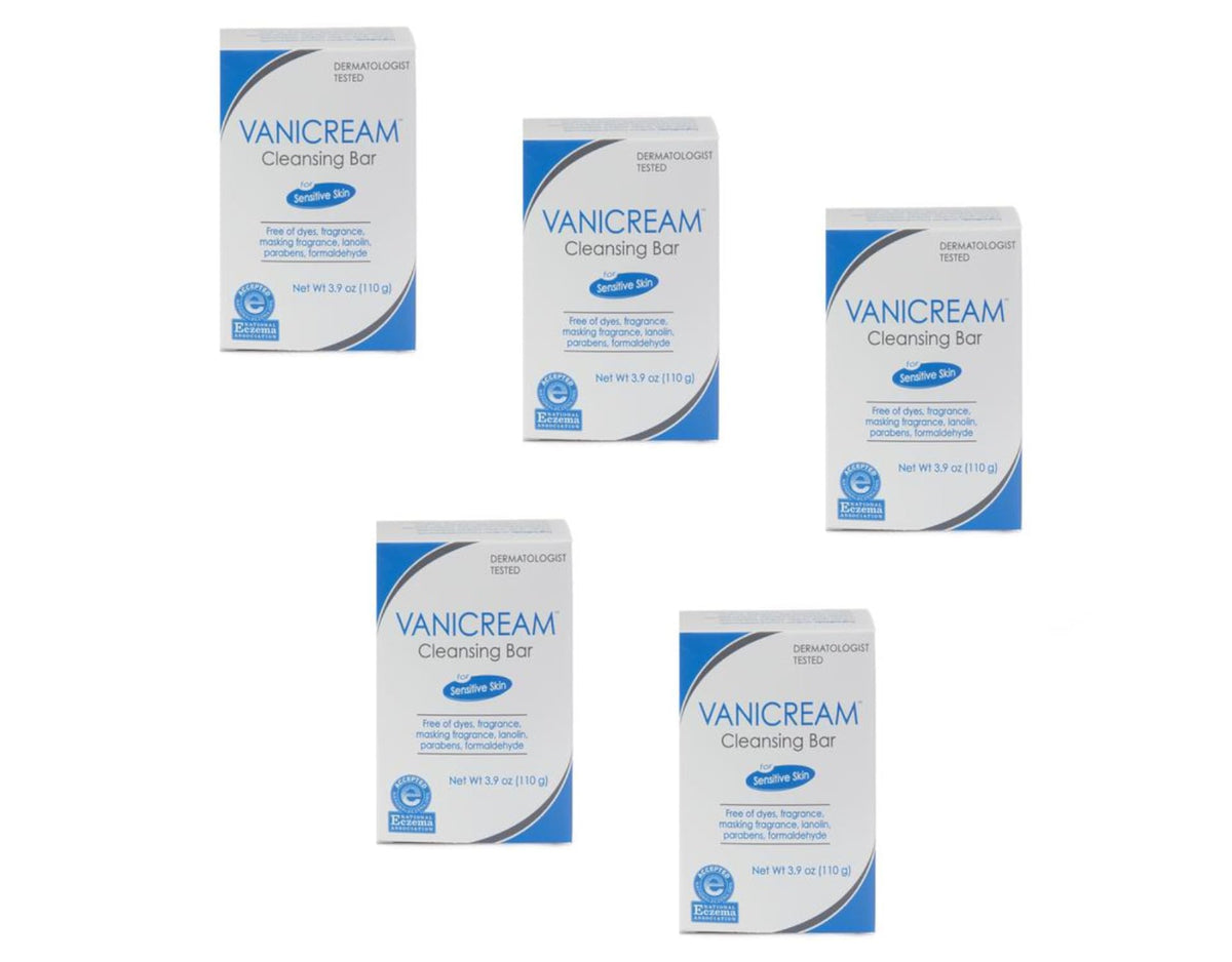 Vanicream front packaging showing pack of five bars and gentle cleansing benefit
