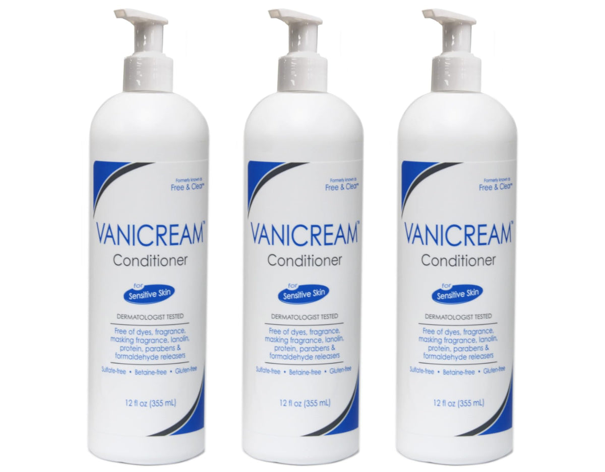 vanicream conditioner front packaging showing three 12 fl oz bottles and gentle design benefiting sensitive skin