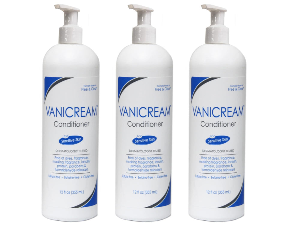 vanicream conditioner front packaging showing three 12 fl oz bottles and gentle design benefiting sensitive skin