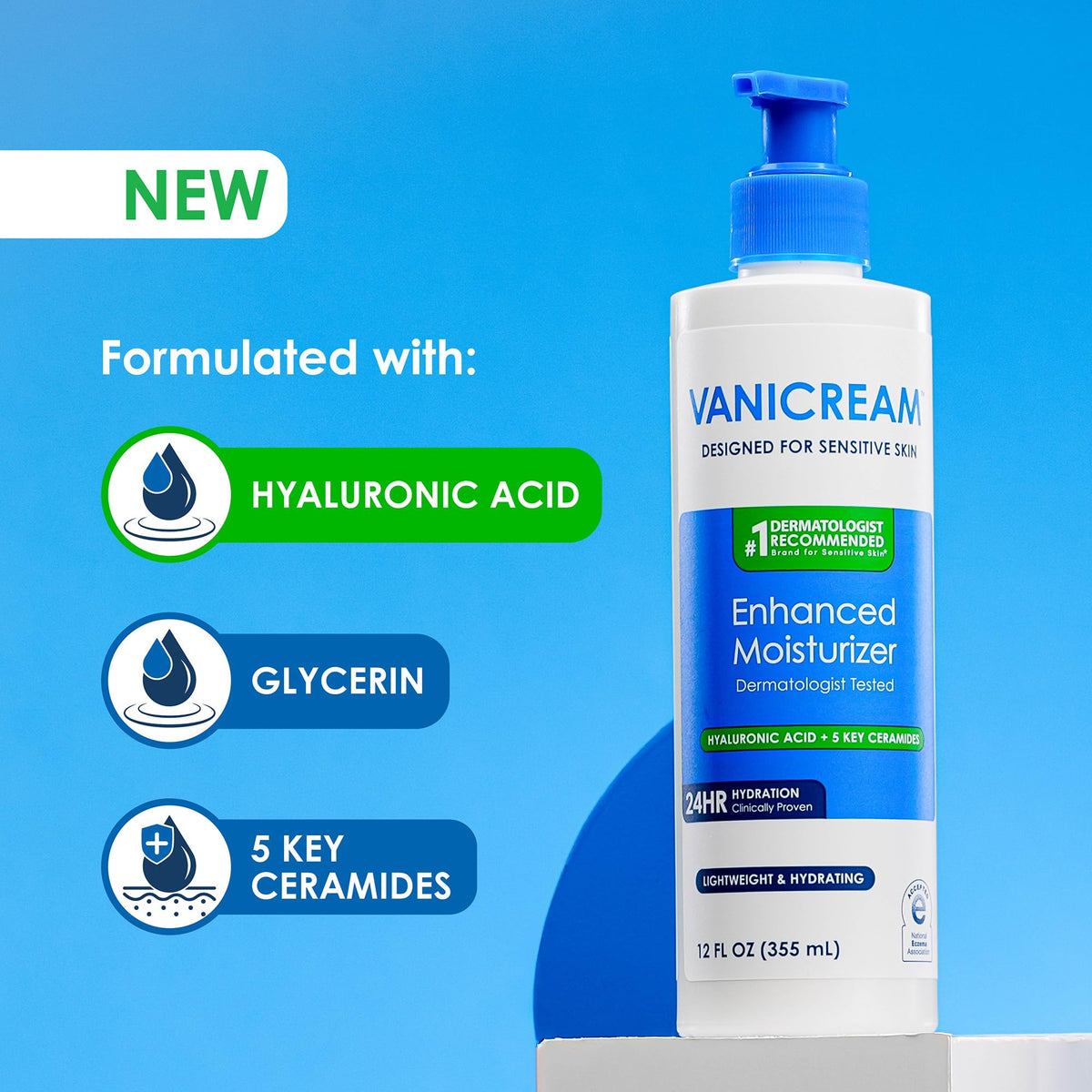 Vanicream pump dispensing lotion showing easy, controlled application benefit