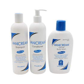 Vanicream three 12oz bottles front view showing gentle, ingredient-minimal design and clarity