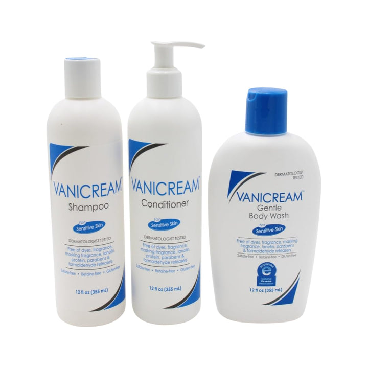 Vanicream three 12oz bottles front view showing gentle, ingredient-minimal design and clarity
