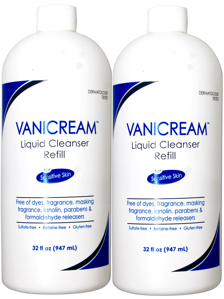 Vanicream front packaging showing two 32 oz refill pouches and clear product benefits