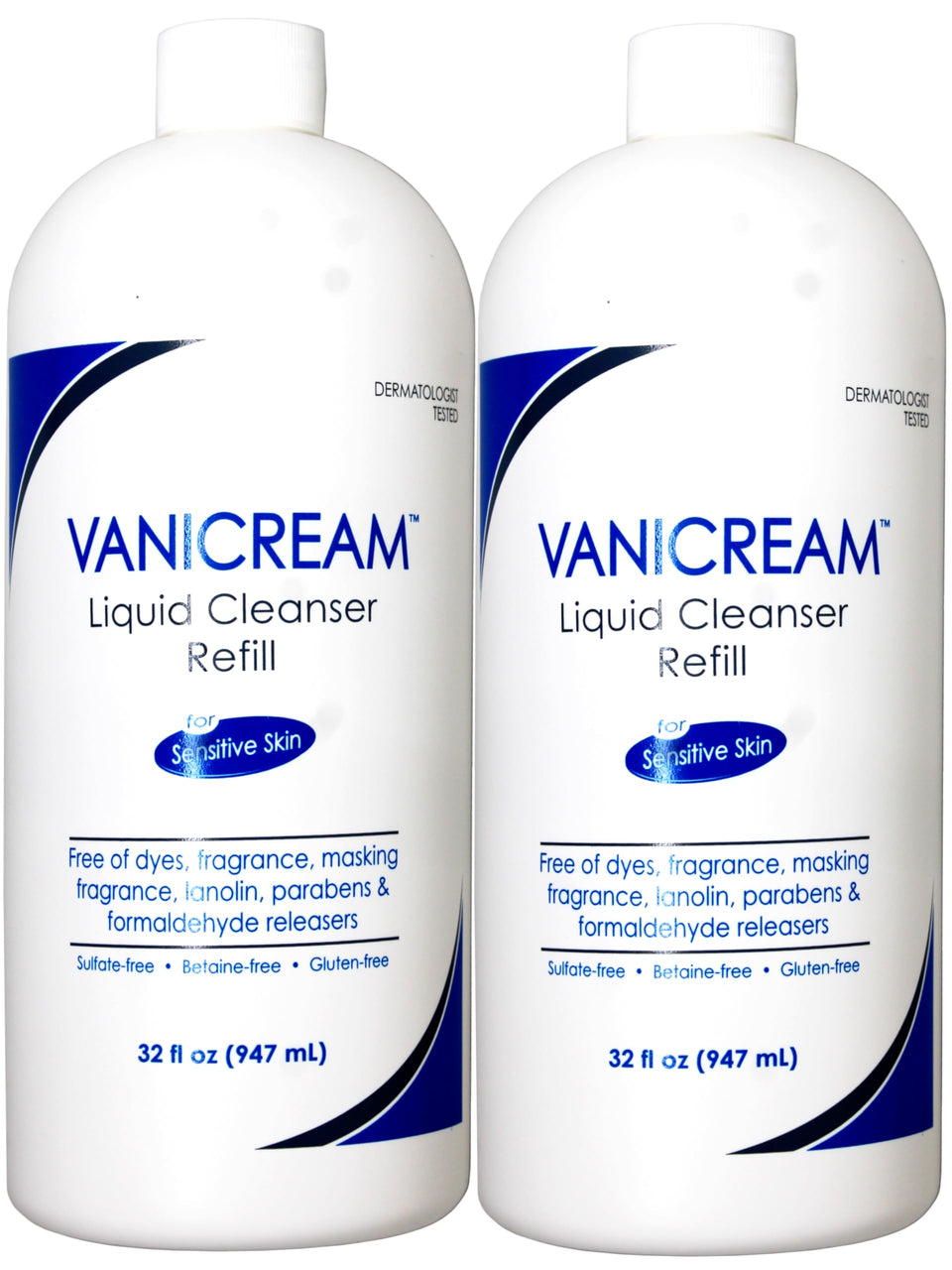Vanicream front packaging showing two 32 oz refill pouches and clear product benefits