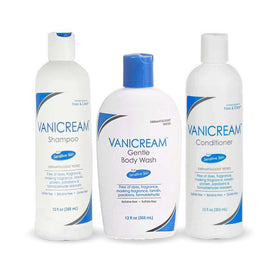 Vanicream front packaging showing shampoo conditioner and body wash for gentle cleansing