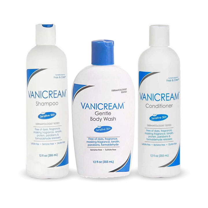 Vanicream front packaging showing shampoo conditioner and body wash for gentle cleansing