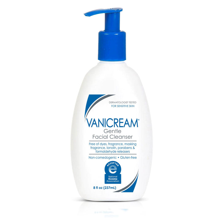 Vanicream front pump bottle showing clean label and size benefits