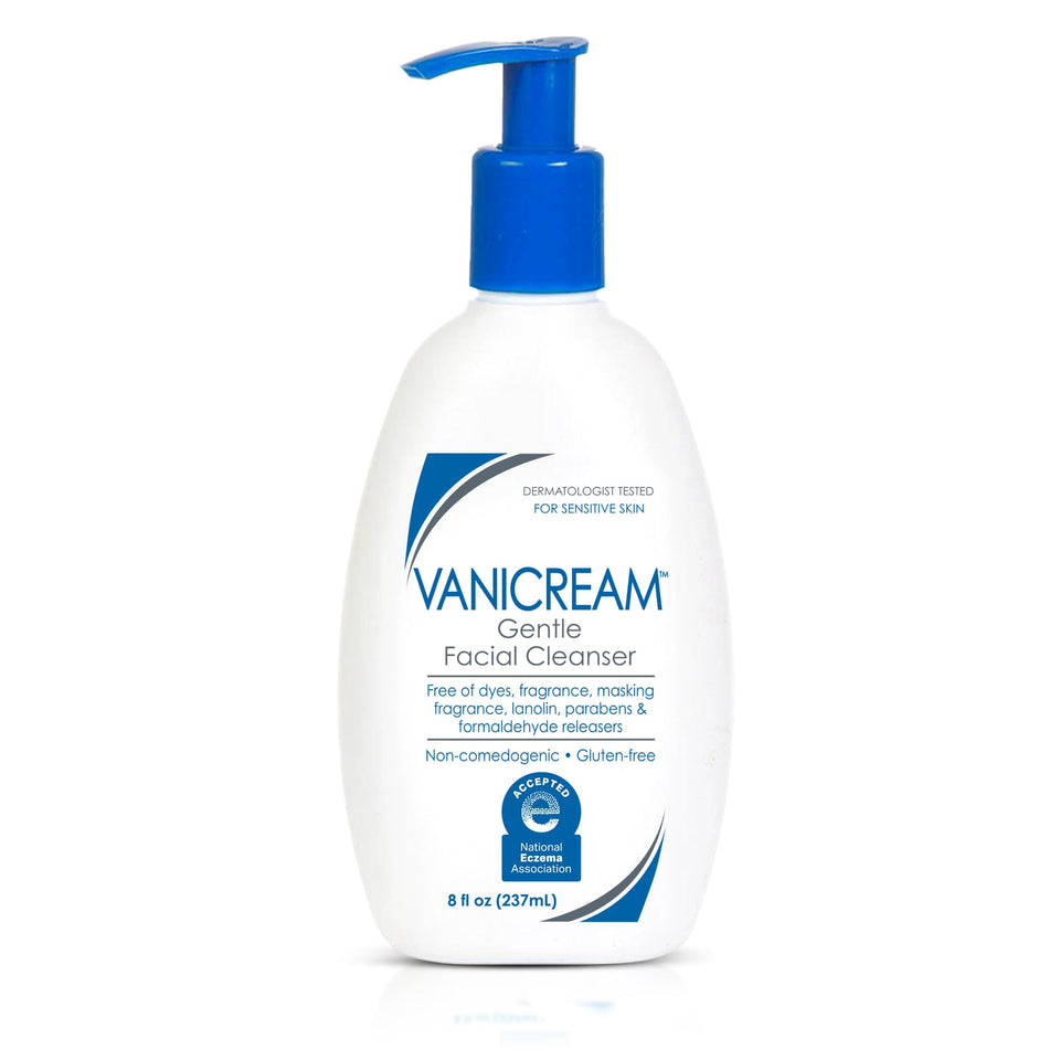 Vanicream front pump bottle showing clean label and size benefits