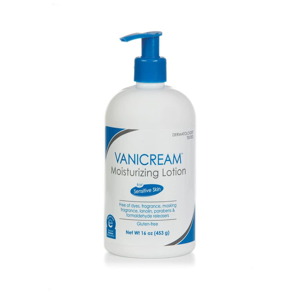 Vanicream front pump bottle showing packaging and 16 oz size benefits