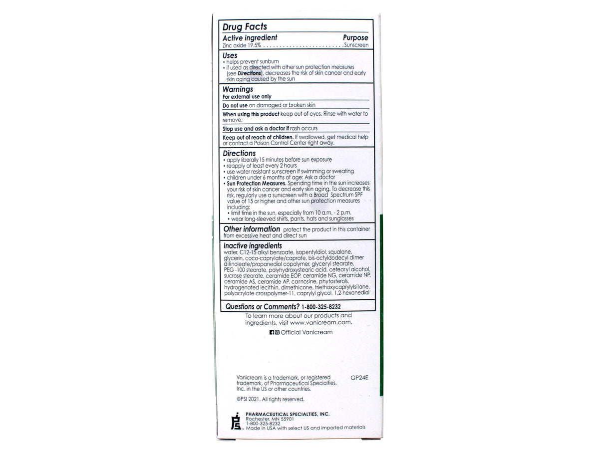Vanicream active ingredients label close-up highlighting zinc oxide