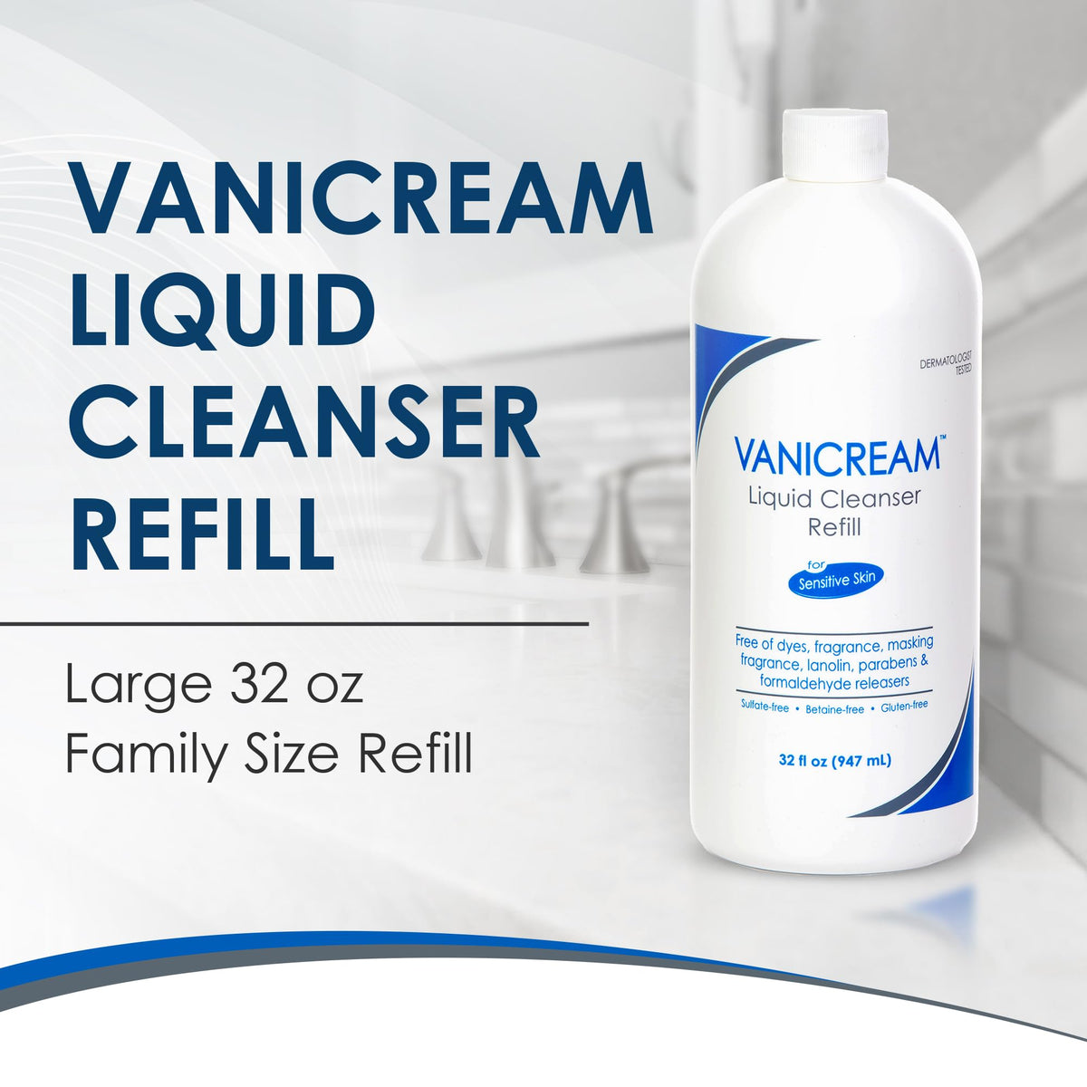 Vanicream pouring refill into a pump bottle to show easy transfer and low-waste benefit