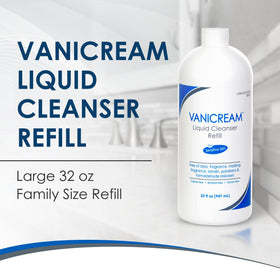 Vanicream pouring refill into a pump bottle to show easy transfer and low-waste benefit