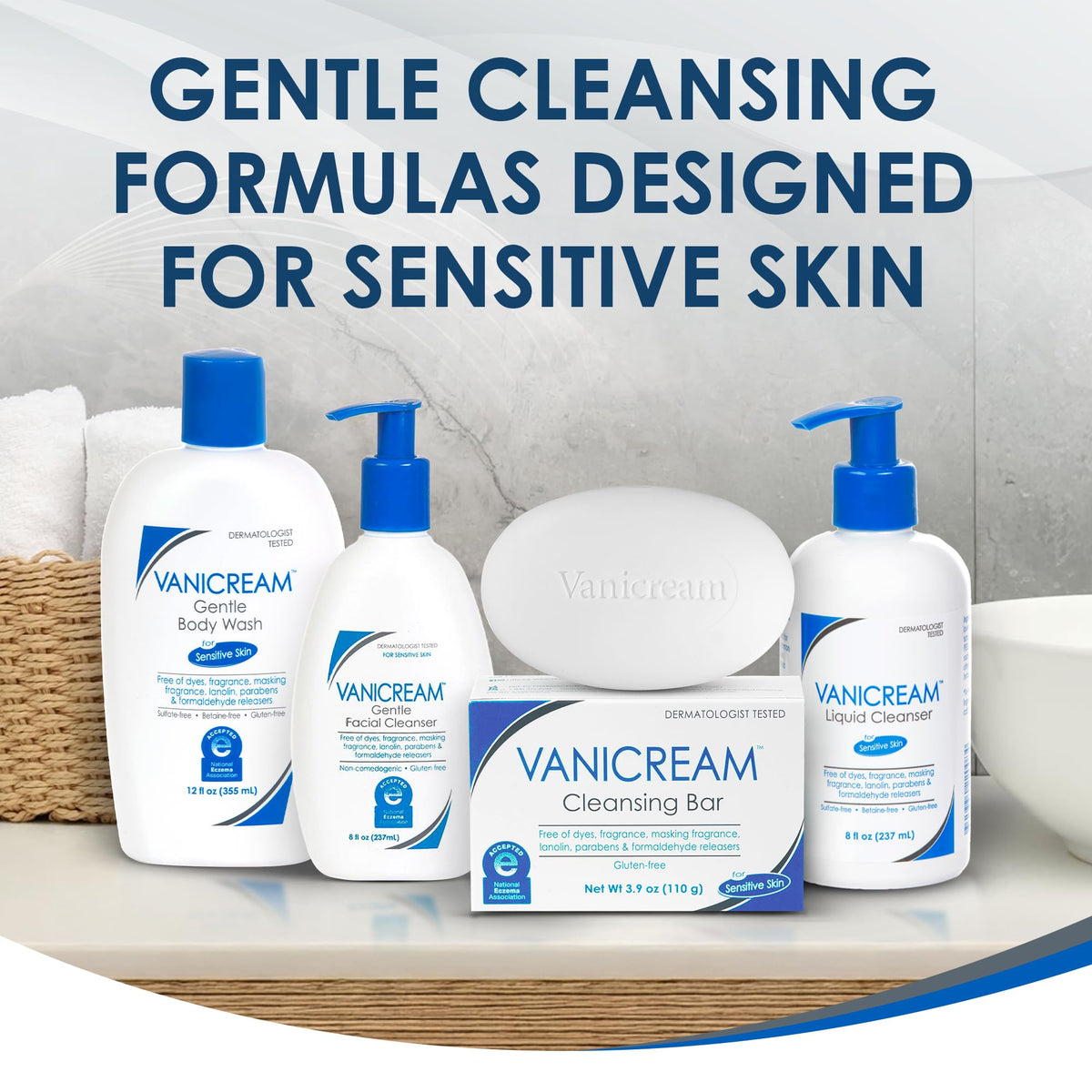 Back panel of Vanicream packaging listing free & clear claims