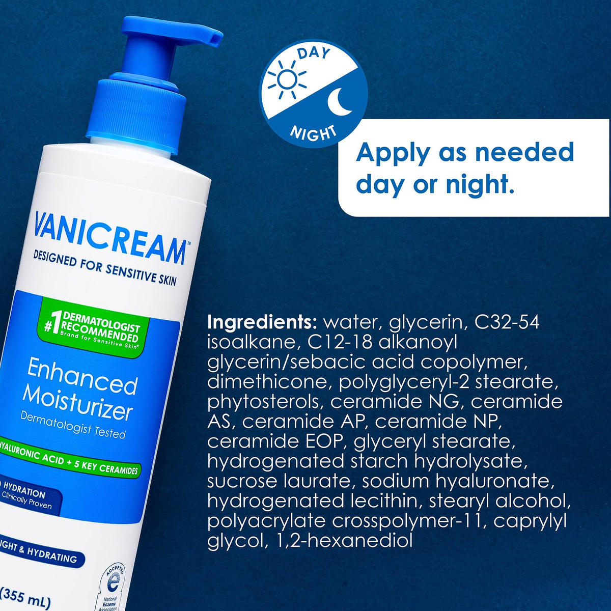 Vanicream 12 fl oz bottle beside common items for size comparison and portability