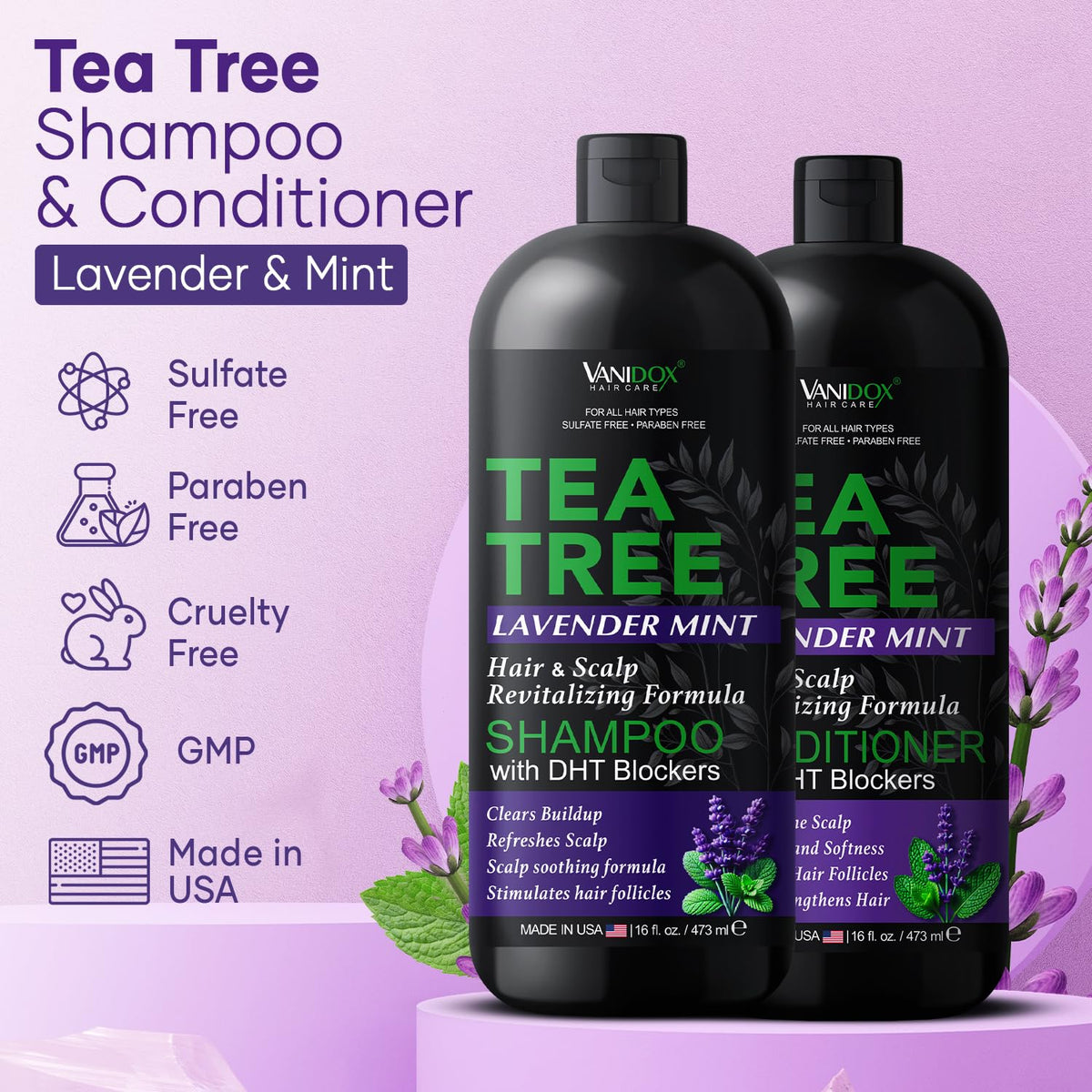 Vanidox label closeup highlighting tea tree and lavender benefits