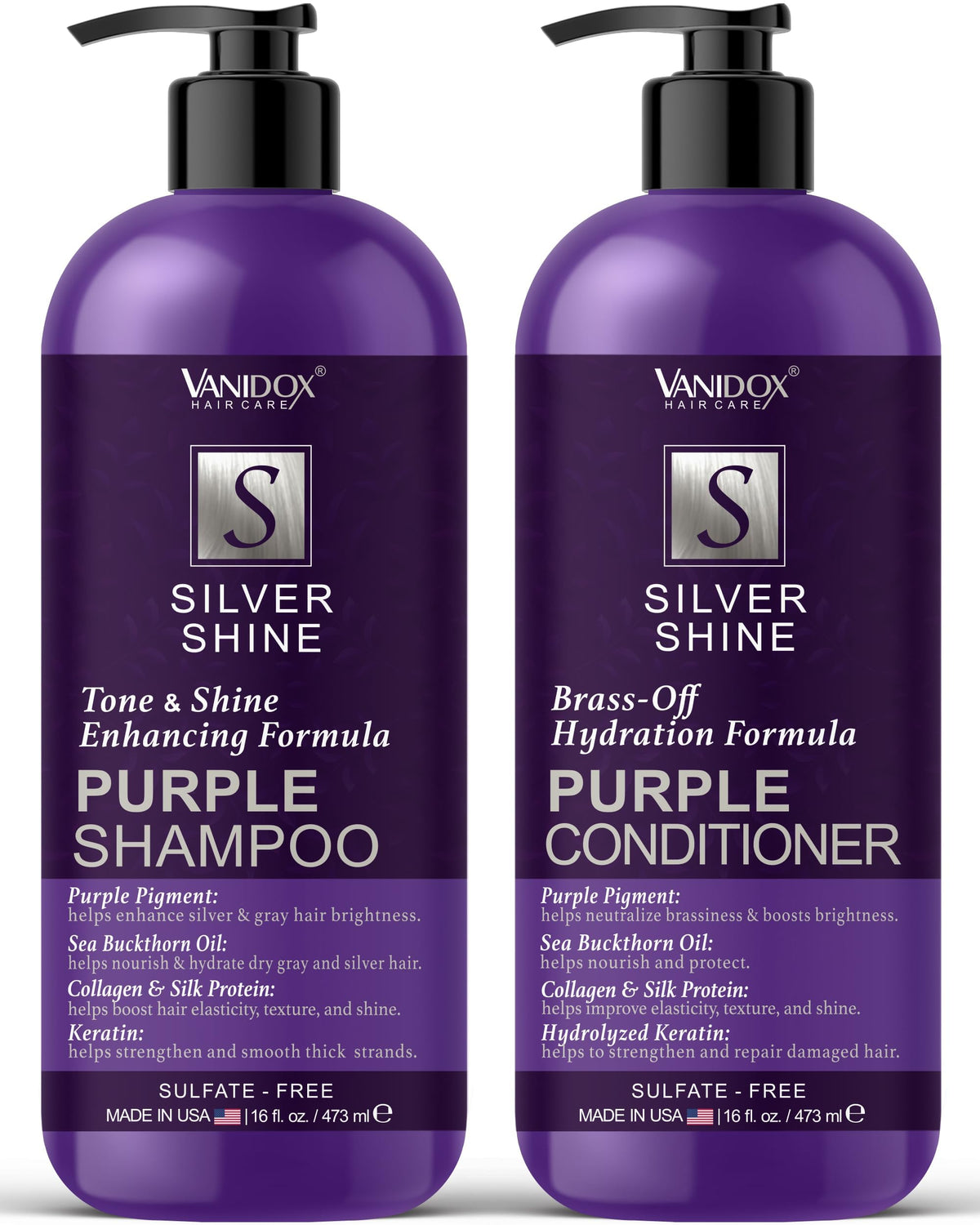 VANIDOX front packaging showing purple shampoo and conditioner for brightening grey hair
