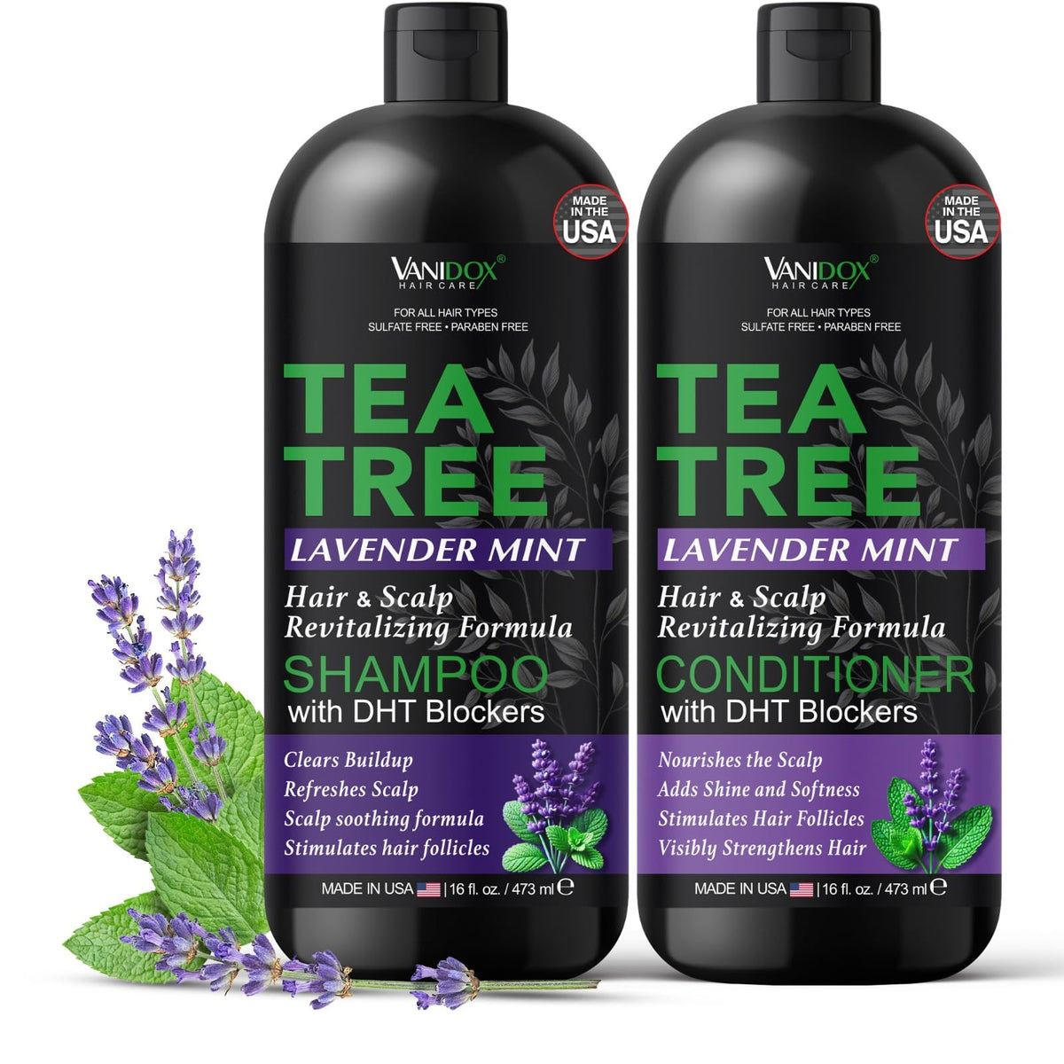 Vanidox front packaging showing shampoo and conditioner, refreshing scalp care