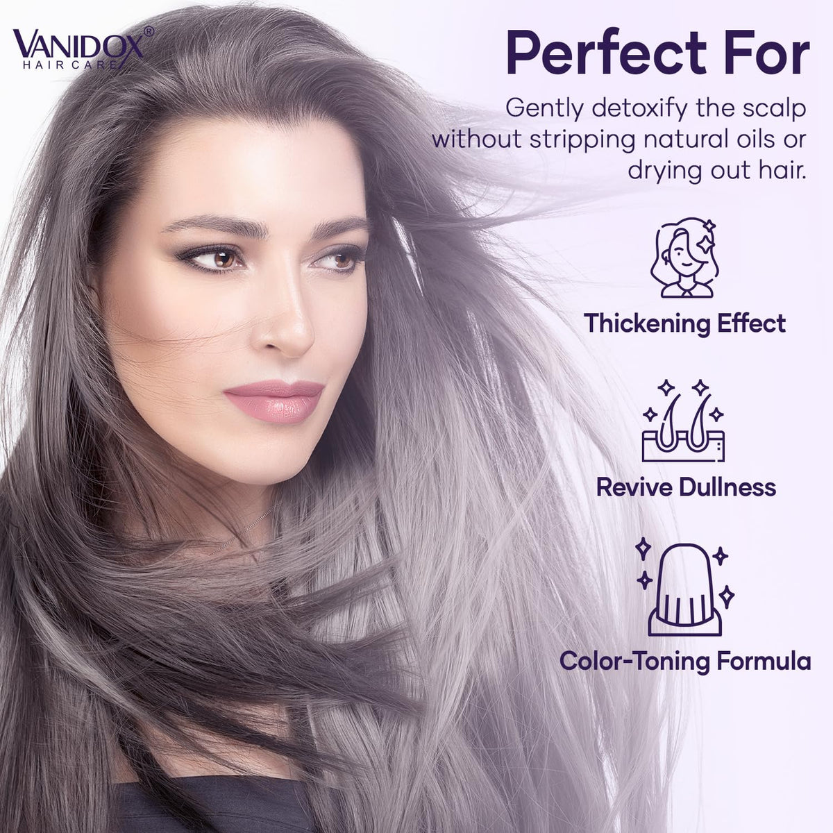 VANIDOX shampoo in hand lathering hair to show gentle cleansing benefit
