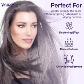 VANIDOX shampoo in hand lathering hair to show gentle cleansing benefit