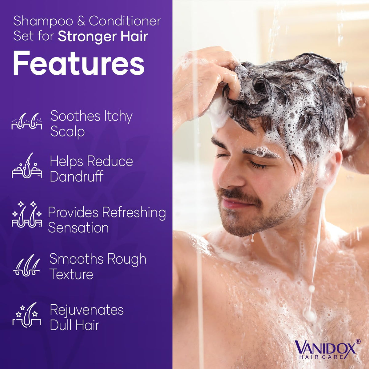 Vanidox shampoo foam texture demonstrating gentle, clarifying cleanse