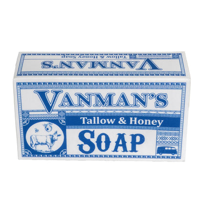 VanMan front packaging showing beef tallow honey soap and clear ingredient focus