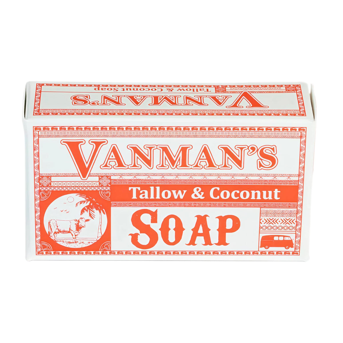 VanMan front packaging showing beef tallow soap benefits and clean ingredients