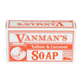 VanMan front packaging showing beef tallow soap benefits and clean ingredients