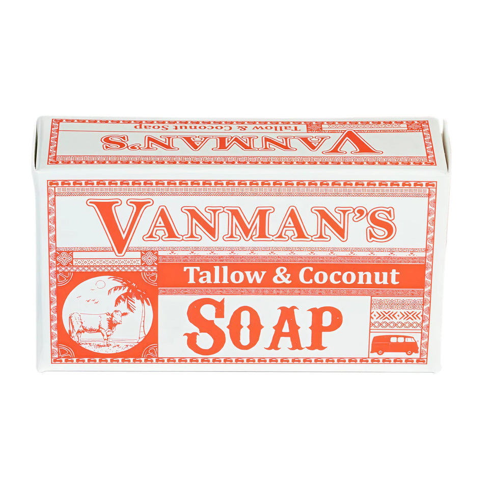 VanMan front packaging showing beef tallow soap benefits and clean ingredients