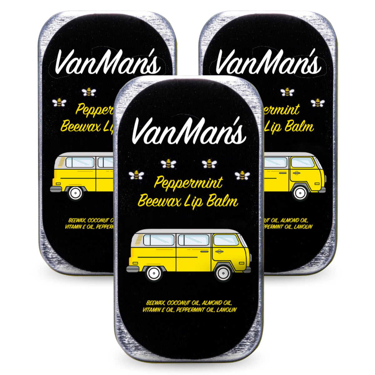 The VanMan Company front packaging showing three peppermint lip balms with clear branding and benefit