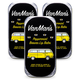 The VanMan Company front packaging showing three peppermint lip balms with clear branding and benefit