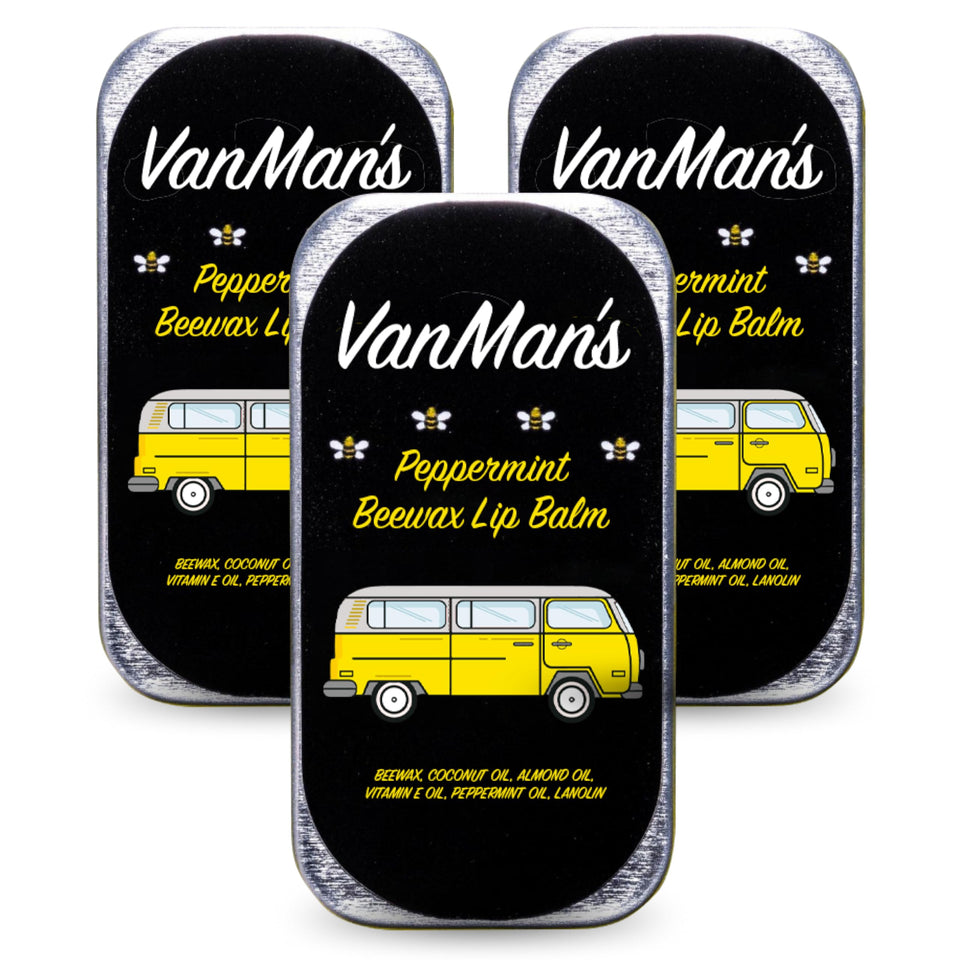 The VanMan Company front packaging showing three peppermint lip balms with clear branding and benefit