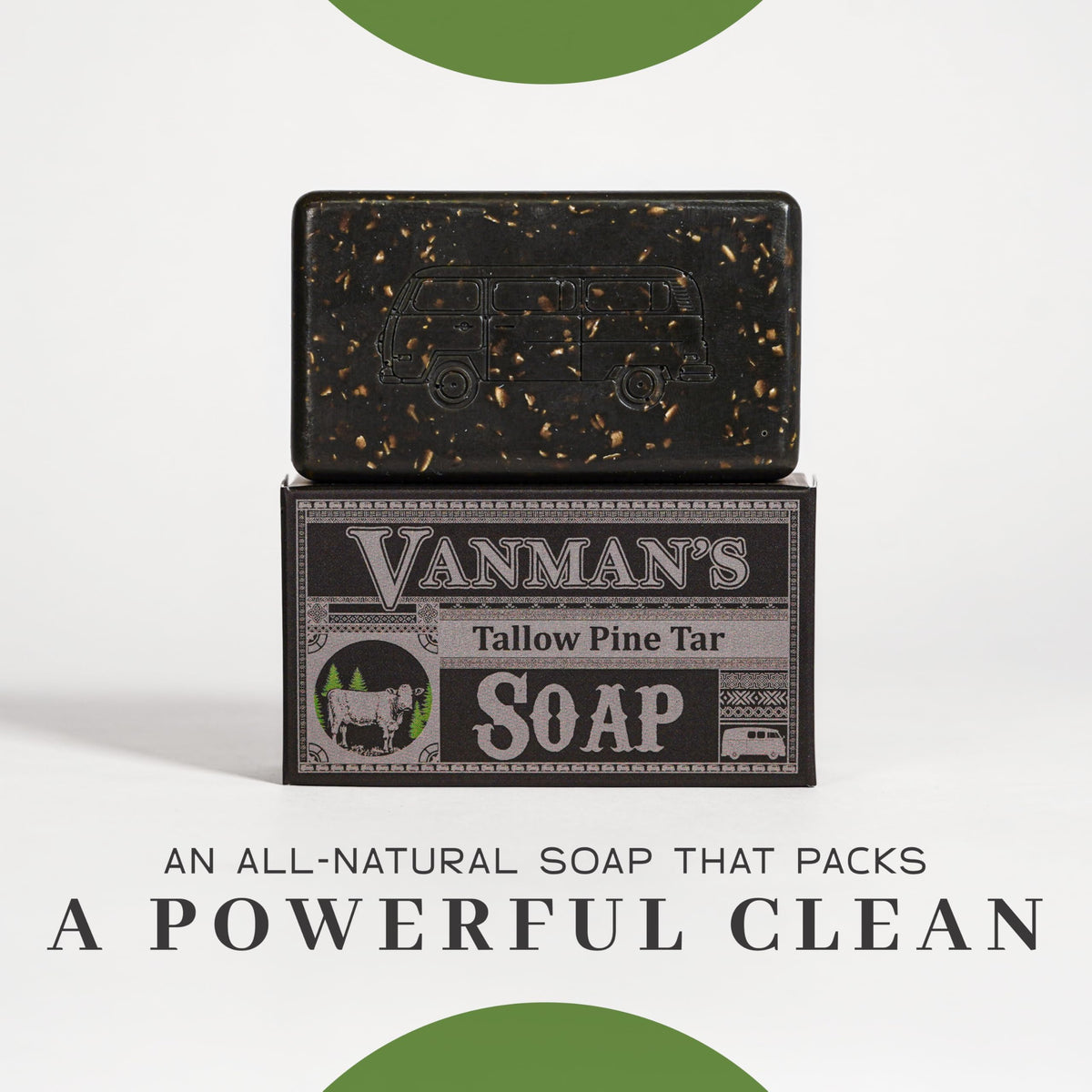 VanMan pine tar ingredient jar next to bar, conveys traditional cleansing benefit
