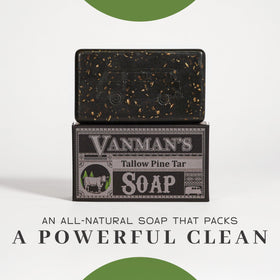 VanMan pine tar ingredient jar next to bar, conveys traditional cleansing benefit