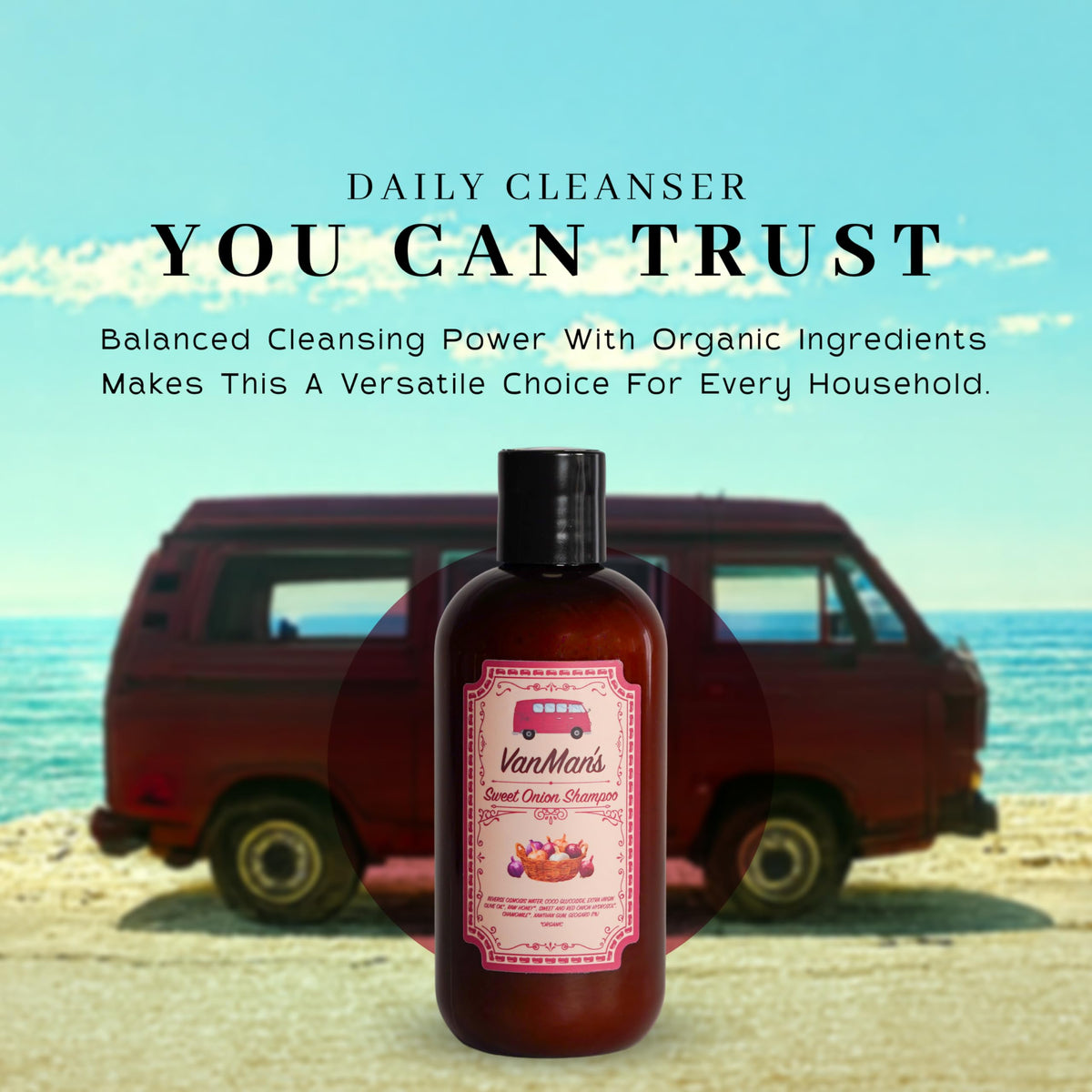 VanMan shampoo in bathroom setting illustrating everyday use and manageable hair
