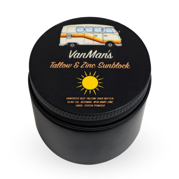 The VanMan Company tin front view showing label and compact size for travel