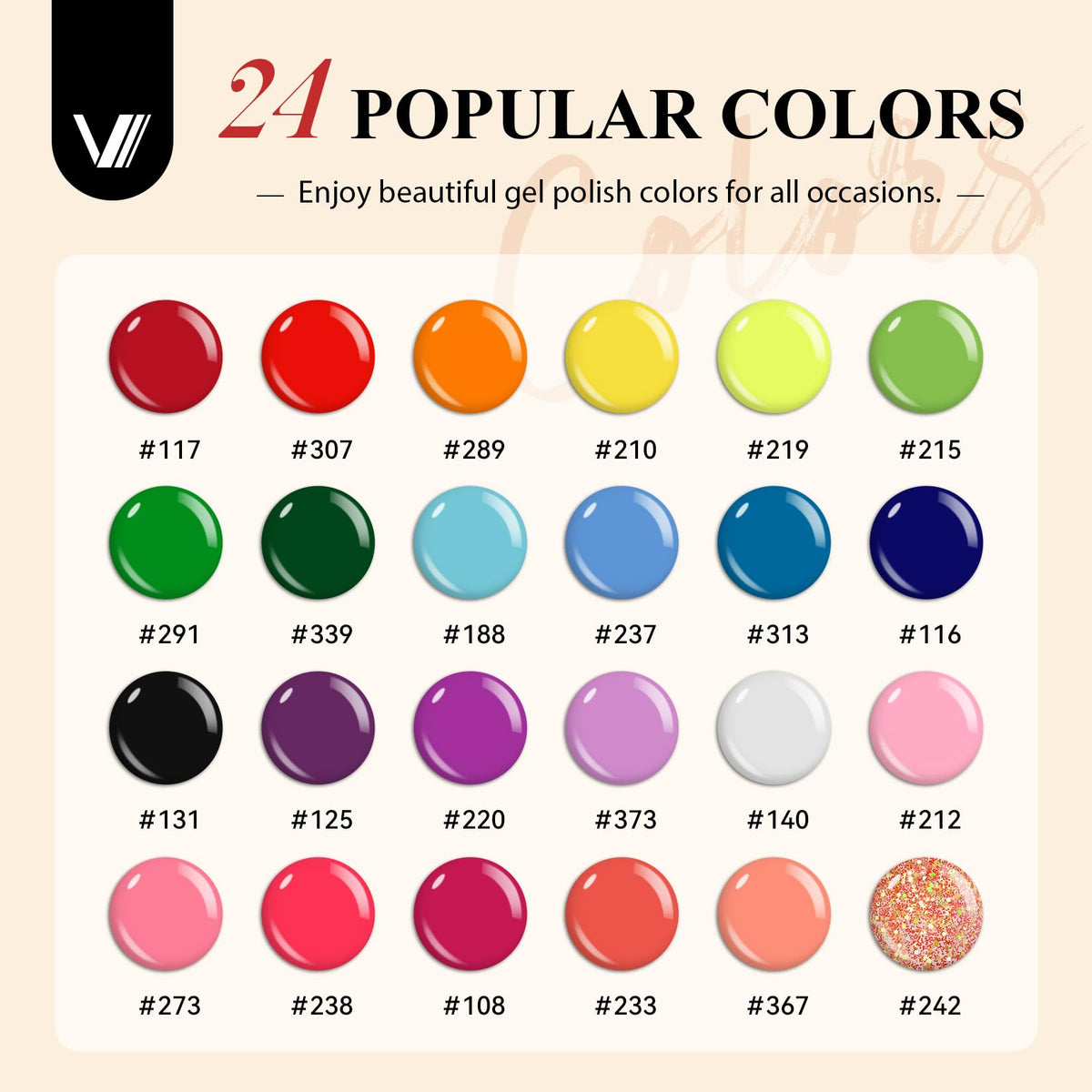 VANREESA 24 color gel bottles displayed to show shade variety and selection