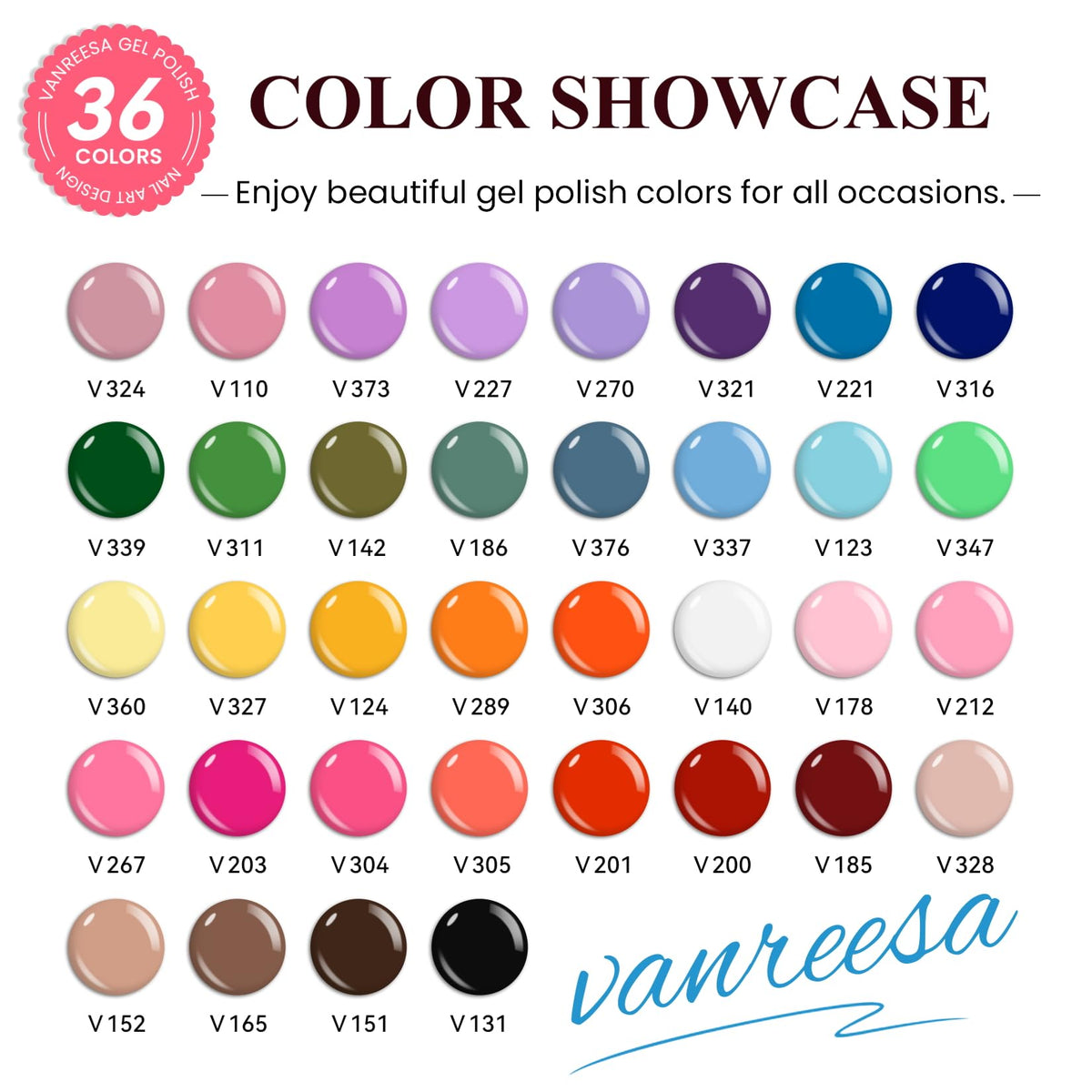 VANREESA 36 gel color bottles displayed to show shade variety and choice