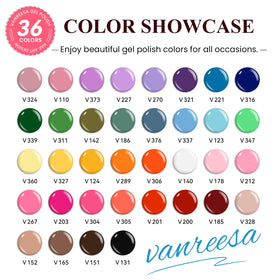 VANREESA 36 gel color bottles displayed to show shade variety and choice