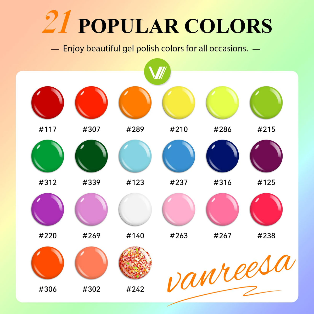 VANREESA lineup of 21 color bottles displaying vibrant range for creative looks