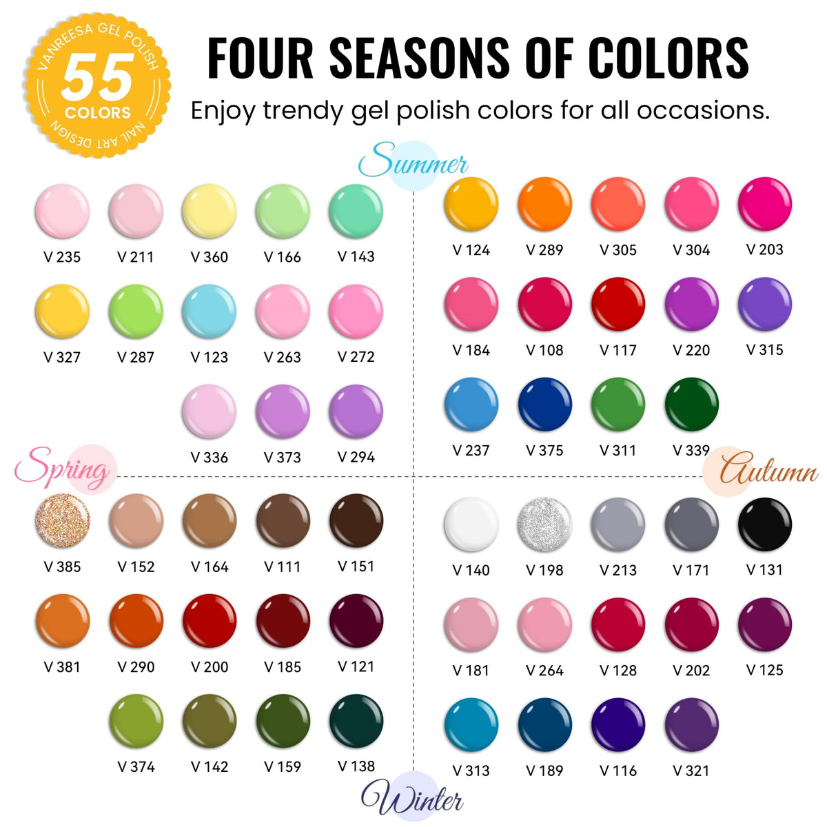 VANREESA wide color array flatlay highlighting 55 shades for versatility