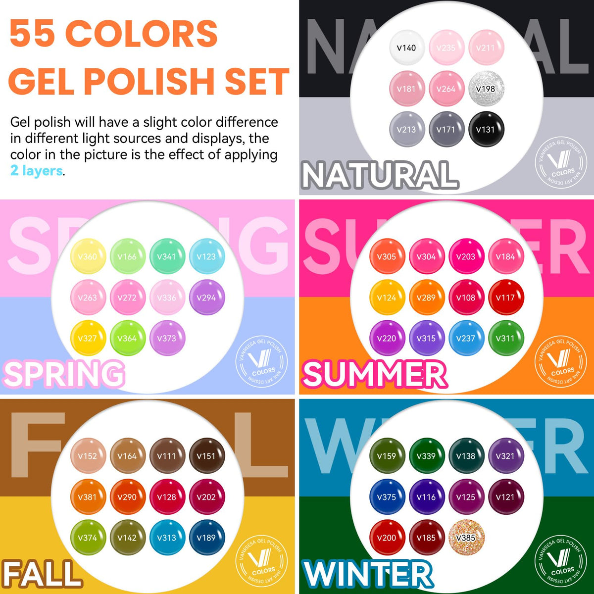 VANREESA color array flatlay displaying 55 vibrant gel shades for variety