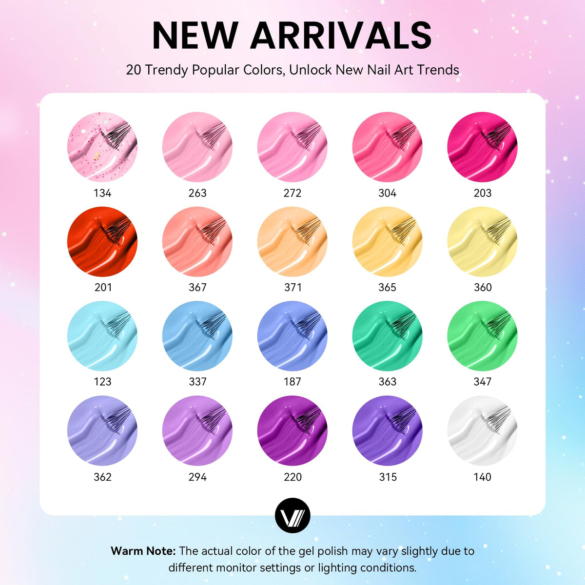 VANREESA color array flatlay displaying 20 summer shades for endless manicure combinations