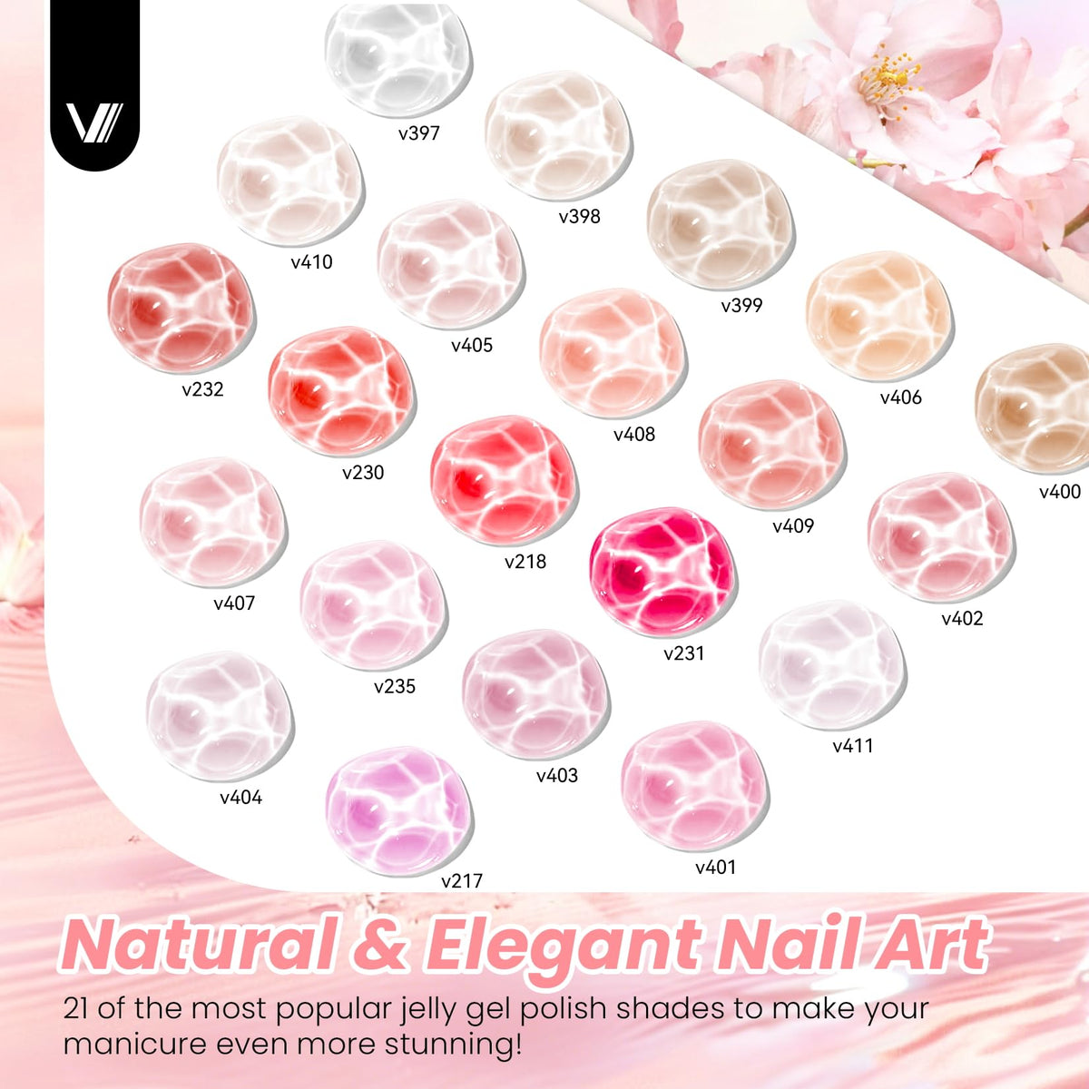 VANREESA flat lay of 21 jelly shades demonstrating color variety for creative layering