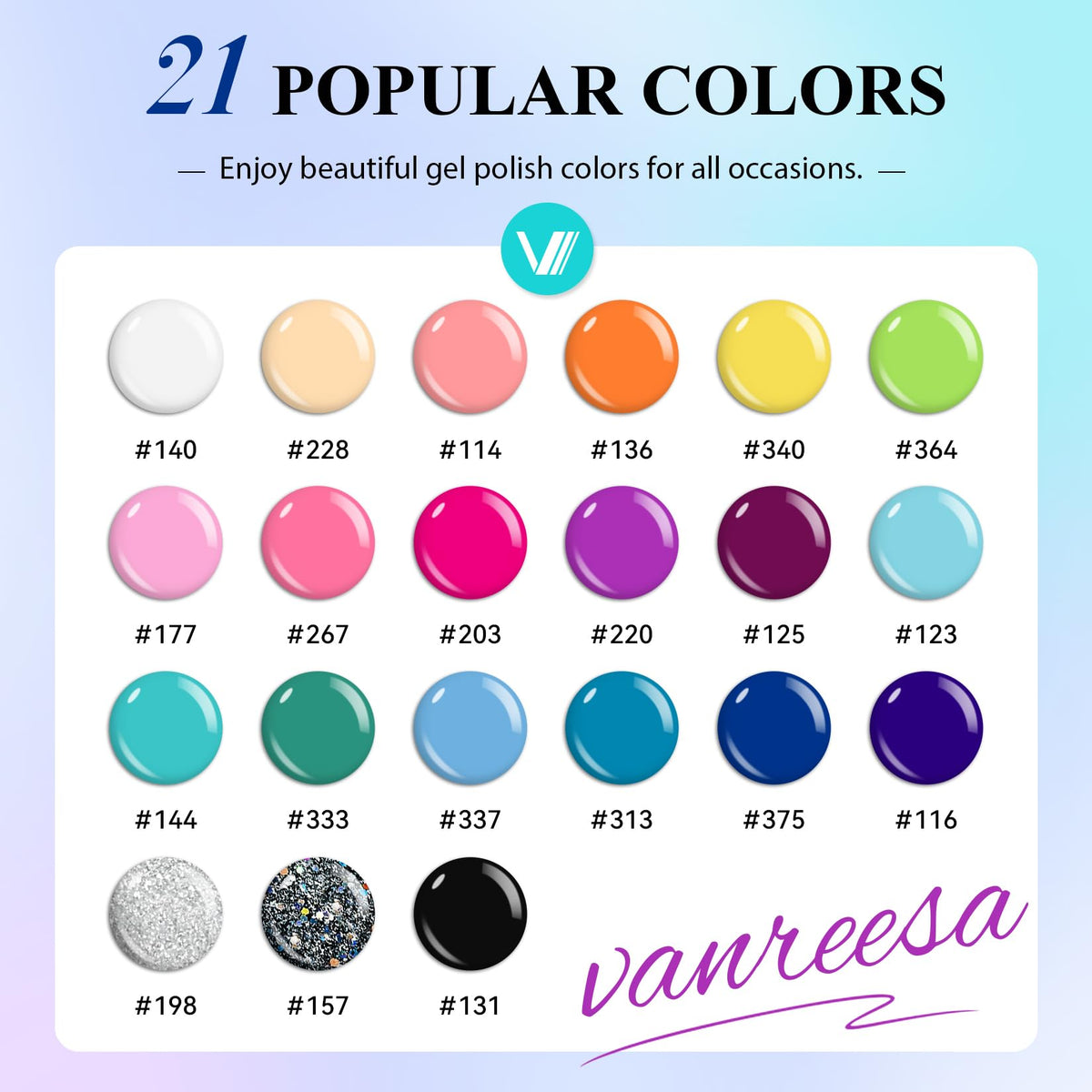 VANREESA colorful gel polish lineup displaying 21 shades for variety